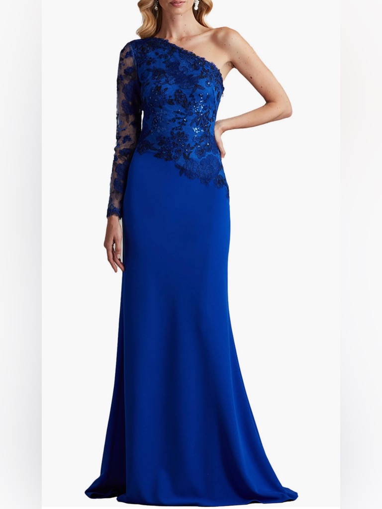 Tadashi Shoji Royal Blue One-Shoulder Lace Gown